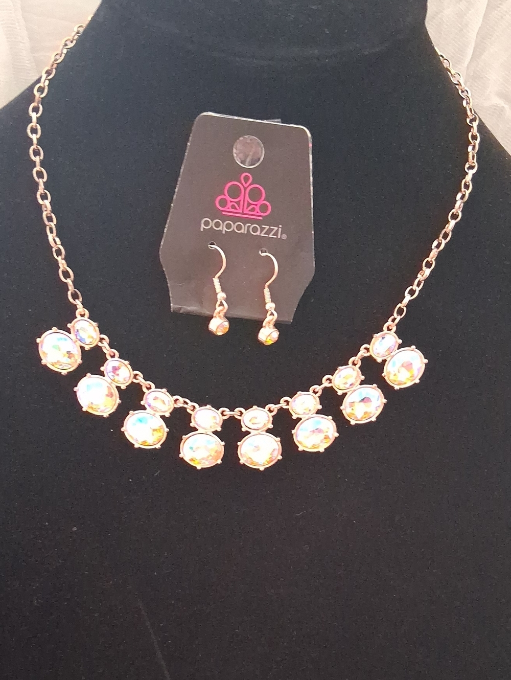 paparazzi Rose Gold Aurora AB Bib Necklace and Earrings